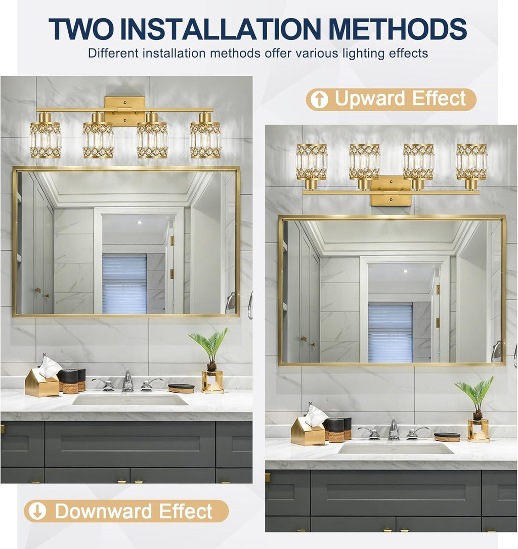 Crystal Modern Bathroom Light Fixtures, 4-Light Brushed Gold Bathroom Vanity Wall Light, Vanity Lights for Mirror, Restroom, Bedroom (E26 Socket, Bulbs Not Included)