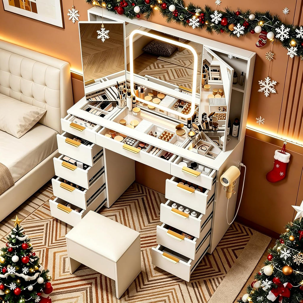 Pamapic 11 Drawers Vanity Desk with Foldable Mirror, Glass Top Makeup Vanity with LED Lights, 3 Lighting Modes, Golden Handles Dressing Table with Chair and Power Outlet