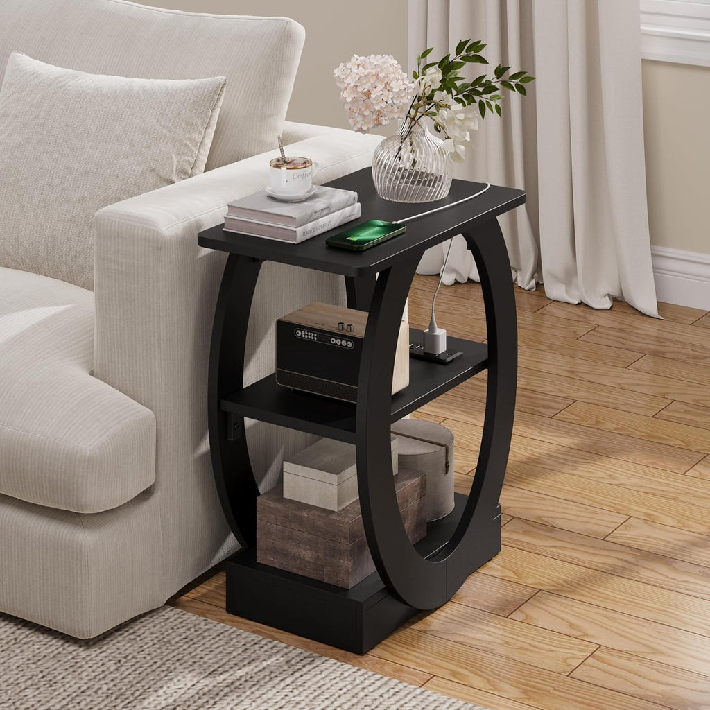 End Table Set of 2 with Charging Station, Black Side Table with USB Ports and Outlets for Living Room, Wood Nightstand with Large Storage Shelf for Bedroom Sofa Couch, Bedside Table Night Stands