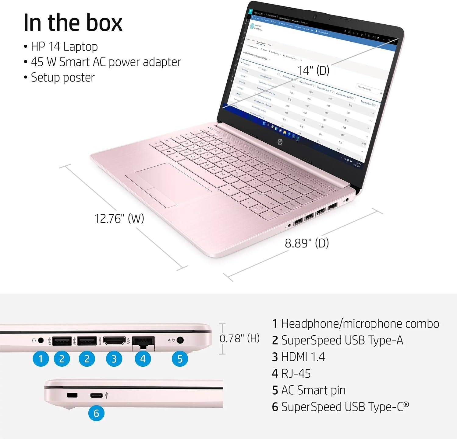 HP Essential Laptop, 14" HD Display, Intel Celeron N150, 8GB RAM, 128GB eMMC, Webcam, HDMI, Wi-Fi, RJ-45, 1 Year Office 365, Windows 11 Home, Pink