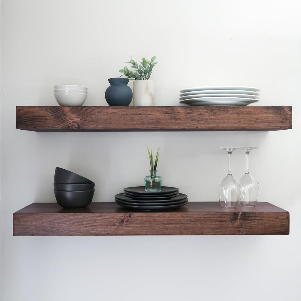 Urbandi Modern Floating Shelves 3 Inches Thick for Wall, Wide Shelves for Kitchen, Living Room, Bedroom, and Bathroom, Natural Pine Wood, Rustic Wooden Shelf, (Set of 2) (Provincial, 36Lx3Hx6D)