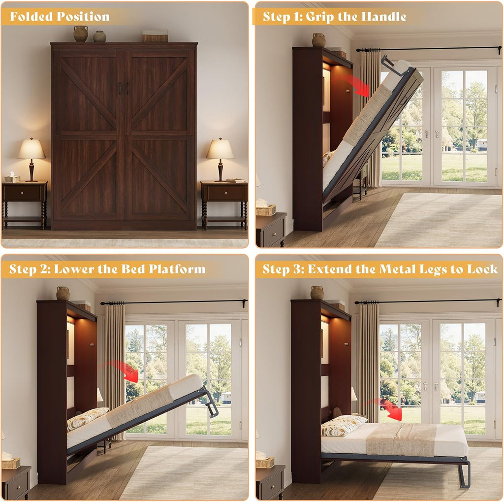 AMERLIFE Queen Size Murphy Bed with LED Light, Farmhouse Foldable Wall Bed with Charging Station & Gas Struts, Space-Saving Hidden Bedframe for Guest Room, Bedroom & Home Office, Brown