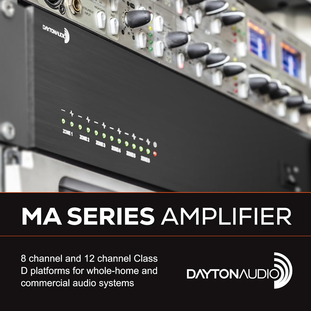 Dayton Audio MA1280 Multi-Zone 12-Channel Class-D Amplifier, 12 x 80W (160W Bridged), 6 Stereo Zones, 8 Inputs, Rack-Mountable