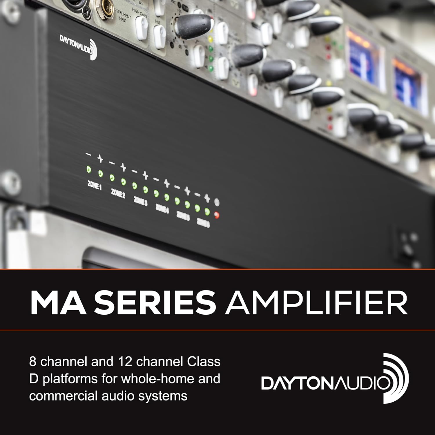 Dayton Audio MA1280 Multi-Zone 12-Channel Class-D Amplifier, 12 x 80W (160W Bridged), 6 Stereo Zones, 8 Inputs, Rack-Mountable