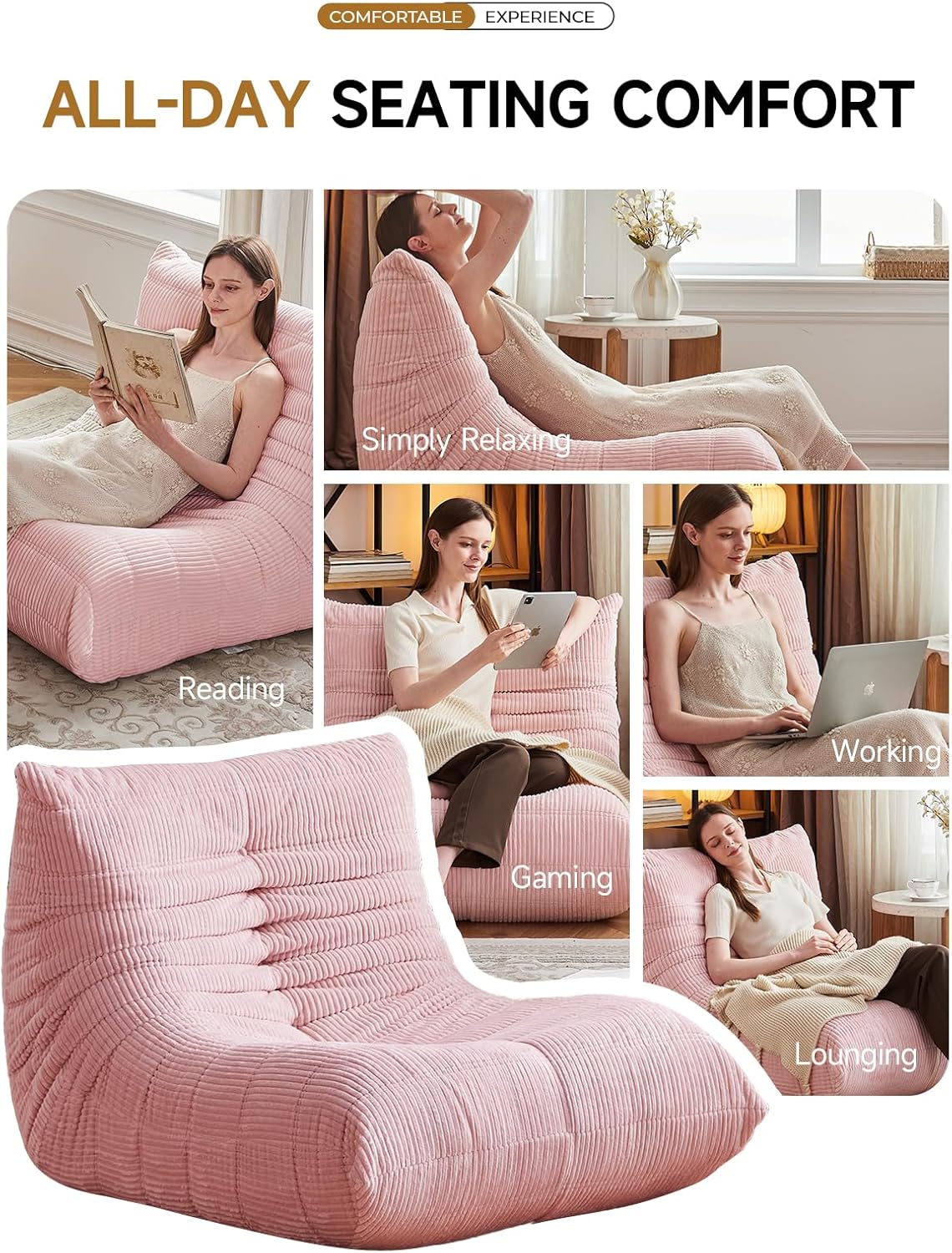 ZCUBED Large Bean Bag Chairs for Adults, Memory Foam Lounge Chair, Soft Corduroy Big Bean Bag Chair Lazy Sofa, Comfy Floor Beanbag Chair Single Sofa for Bedroom Living Room Fireside Book Nook, Pink