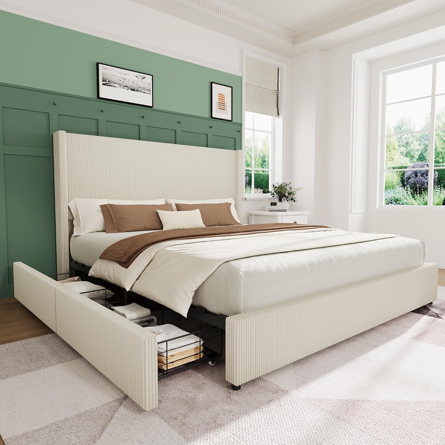 IDEALHOUSE King Size Bed Frame with Storage Drawers, Corduroy Upholstered Platform Bedframe with Wingback, Headboard and Footboard, No Box Spring Needed, Beige