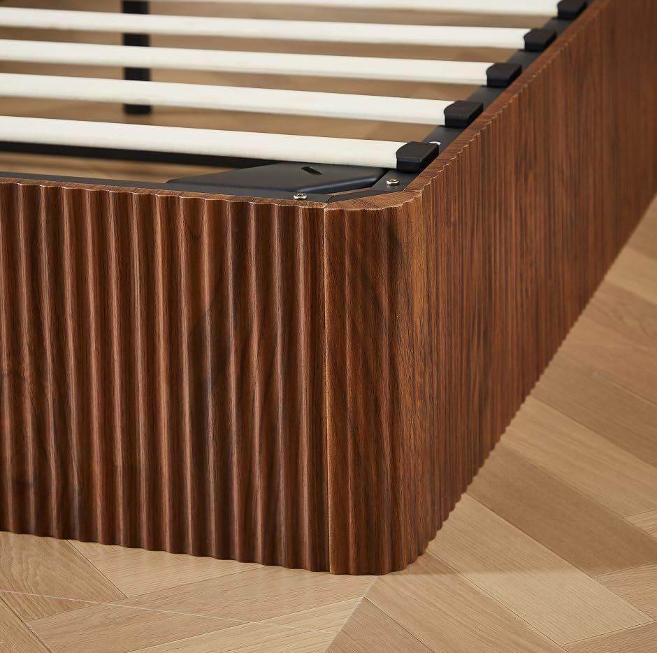 Bellemave Queen Lift Up Storage Bed, Walnut Wood Lift Up Bedframe Queen, Wooden Corrugated Curved Lines, Hydraulic Storage,Walnut