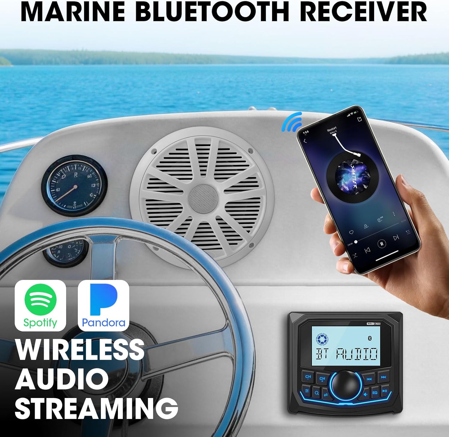 Marine Stereo 6.5-Inch Speakers Package: Waterproof Bluetooth Boat Gauge Radio Receiver - LCD Display AUX USB MP3 Subwoofer AM FM for ATV UTV RZR Golf Cart