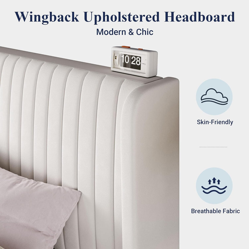 Allewie Queen Size Velvet Bed Frame/Vertical Channel Tufted Wingback Headboard/Upholstered Platform Bed/Strong Wooden Slats/No Box Spring Needed/Easy Assembly/White