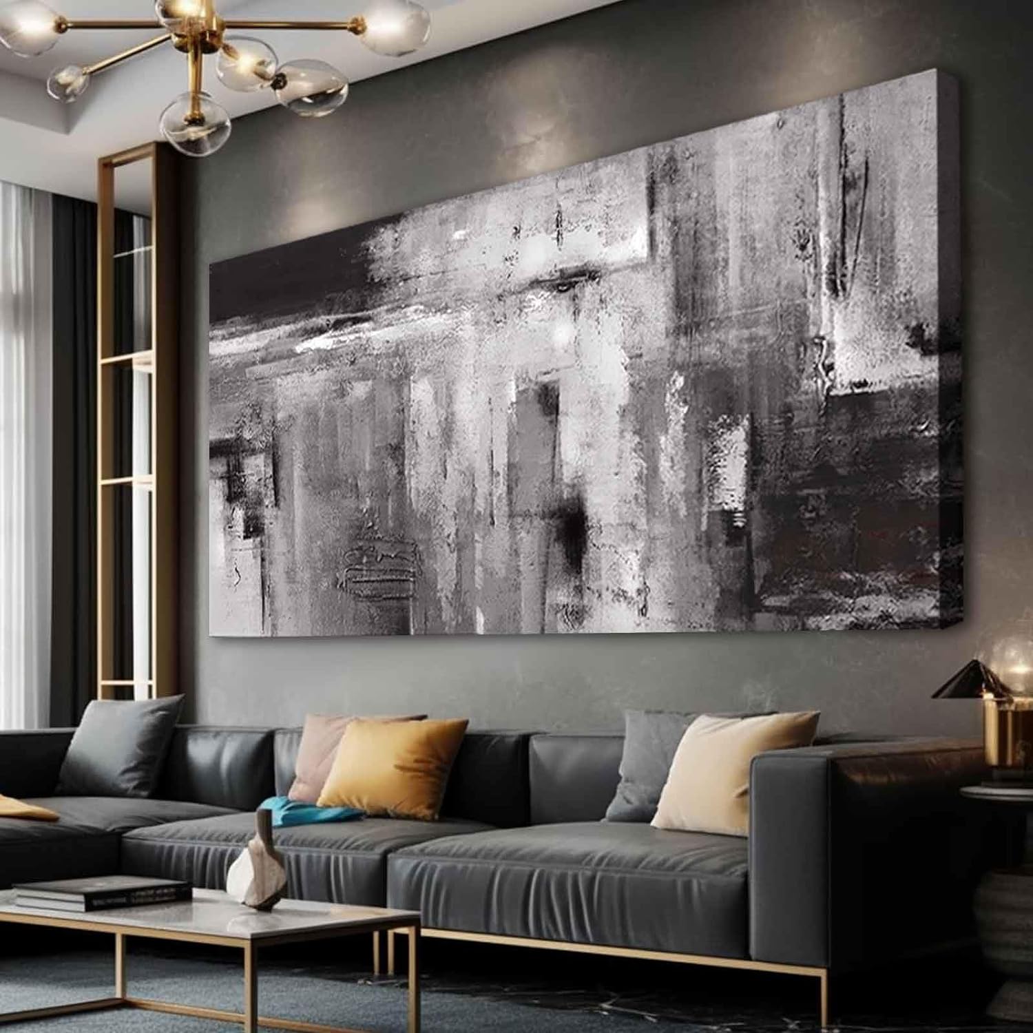 XIANSHOU Black Abstract Wall Art Living Room Decor Painting 29"x 58" White Abstract Graffiti Wall Decorations for Bedroom Kitchen Dining Room Office