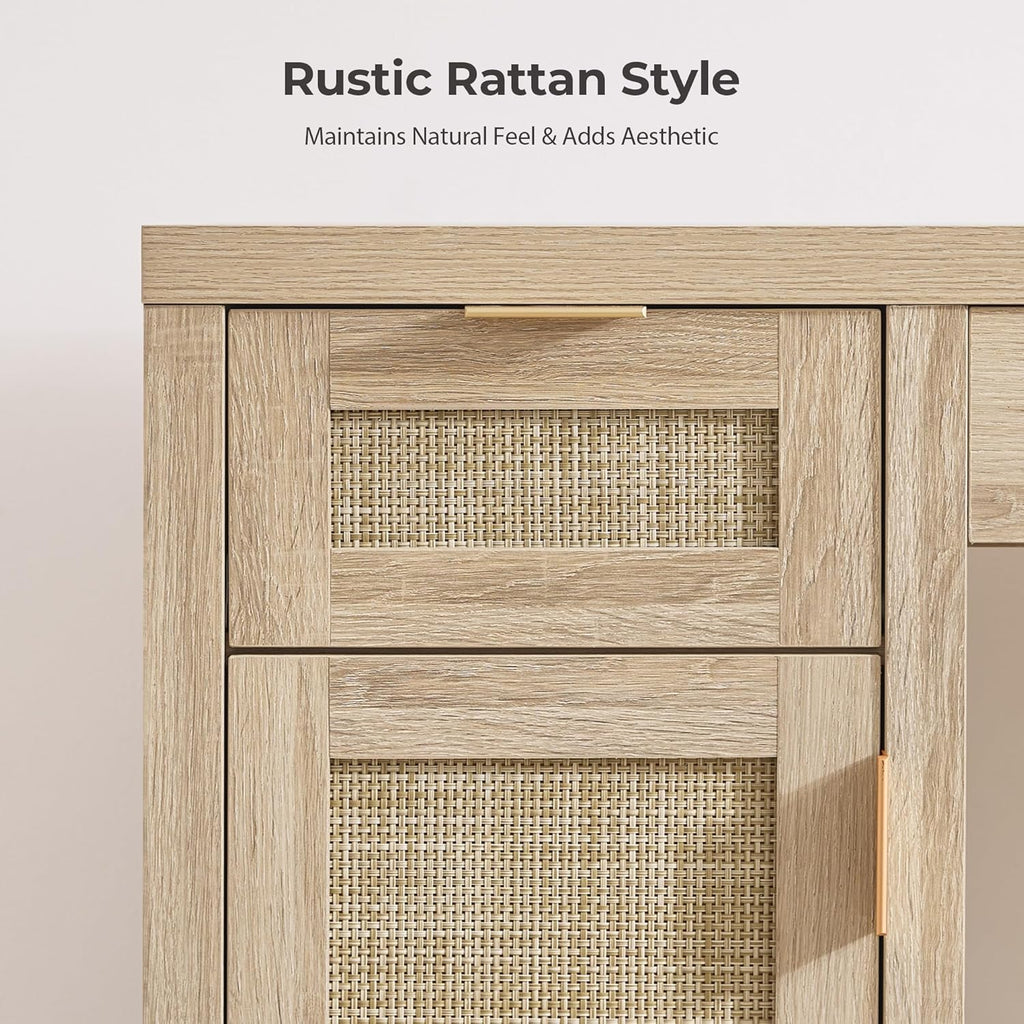 SICOTAS 52" Rattan Vanity Desk with Storage, Boho Farmhouse Makeup Dressing Table with 3 Drawers & 2 Cabinets, Wooden Home Office Desk for Bedroom, Light Oak