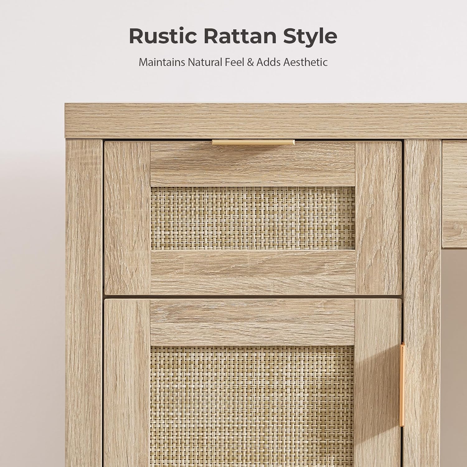 SICOTAS 52" Rattan Vanity Desk with Storage, Boho Farmhouse Makeup Dressing Table with 3 Drawers & 2 Cabinets, Wooden Home Office Desk for Bedroom, Light Oak