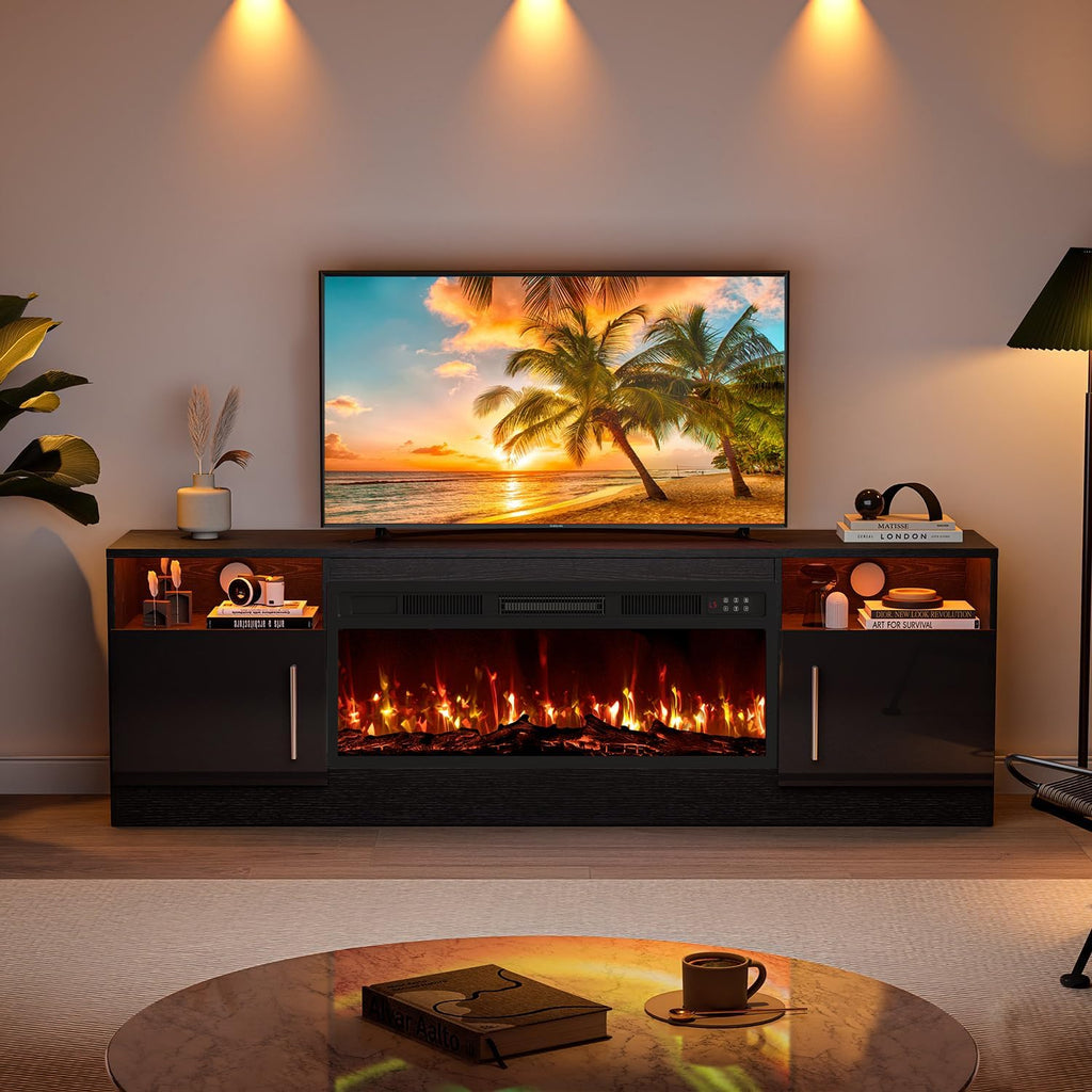 VITESSE Fireplace with TV Stand 36" inch Electric Fireplace Up to 80" TVs, LED Light Entertainment Center, 70" Modern Wood High Gloss with Highlight Storage Cabinet for Living Room (Black)