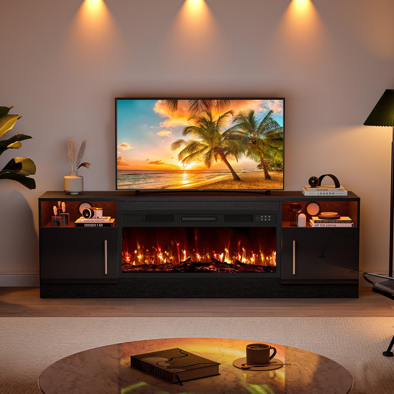 VITESSE Fireplace with TV Stand 36" inch Electric Fireplace Up to 80" TVs, LED Light Entertainment Center, 70" Modern Wood High Gloss with Highlight Storage Cabinet for Living Room (Black)