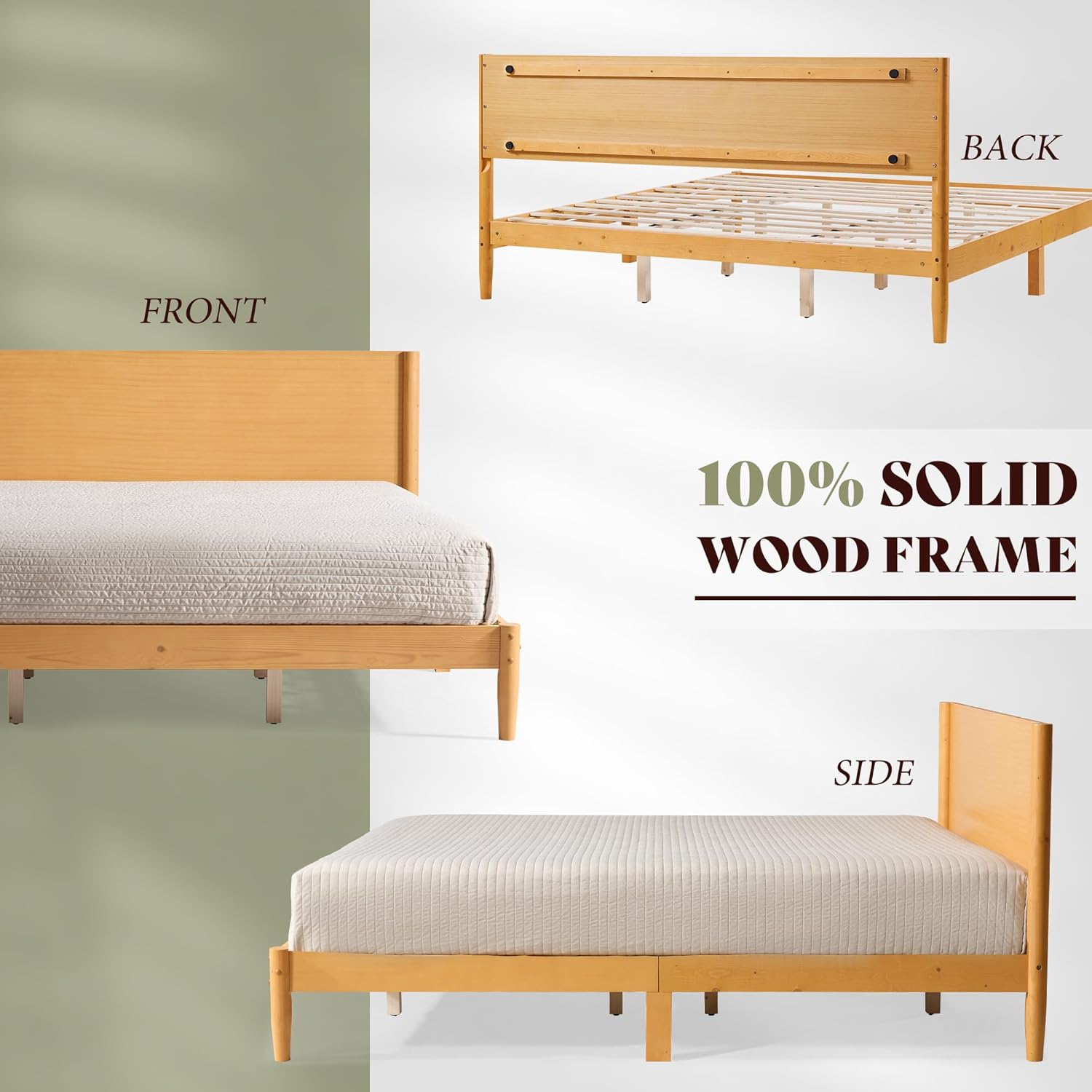 AMERLIFE 3 Piece Bedroom Set Includes Solid Wood Full Platform Bed Frame with Headboard and 2 Nightstands with Spindle-Turned Legs, Mid Century Modern Bedroom Furniture, Natural