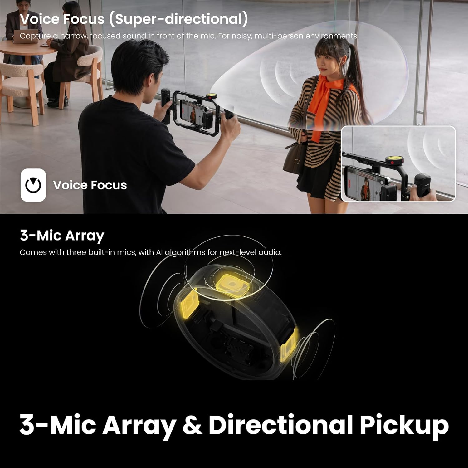 Insta360 Mic Pro (2 TX + 1 RX + Charging Case), Wireless Mini Lavalier Microphone for iPhone/Camera/Android, Video Recording, Vlogging, Bluetooth, Customizable E-Ink Display, 3-Mic Array, 30hrs Use