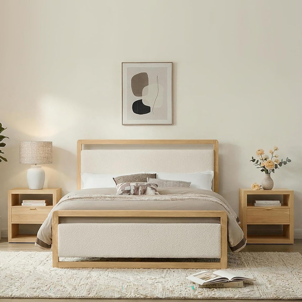 KISLOT 3 Pieces Bedroom Set, Wood Bed Frame with Upholstered Headboard & 2 Nightstands with Storage, Wooden Platform Mattress Foundation Farmhouse Bedroom Furniture Set