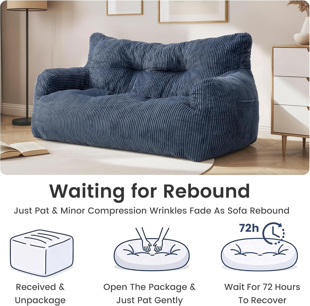 59" Bean Bag Chair,2 Seat Loveseat Sofa,Corduroy Lazy Sofa Bed for Adults,Fit Living Room, Bedroom,Outdoor Spaces,Ultra Soft Dutch Velvet,Fluffy Comfort Washable Cover,72h Rebound,Blue