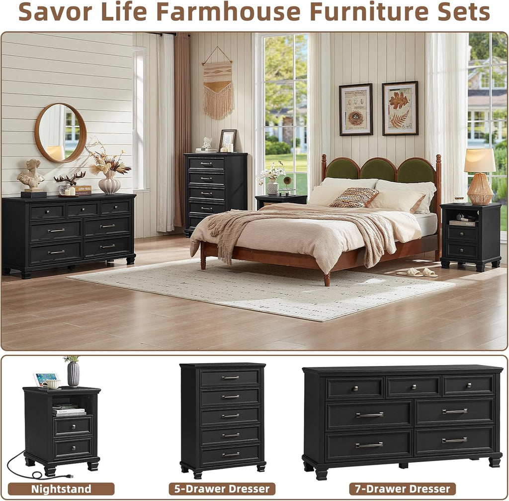 SAVOR LIFE Farmhouse Bedroom Dresser and Nightstand Set 4, 5/7 Drawer Dresser & 2 Drawer Nightstand Set, Rustic Wood Bedroom Furniture Set for Home, Hallway, Black