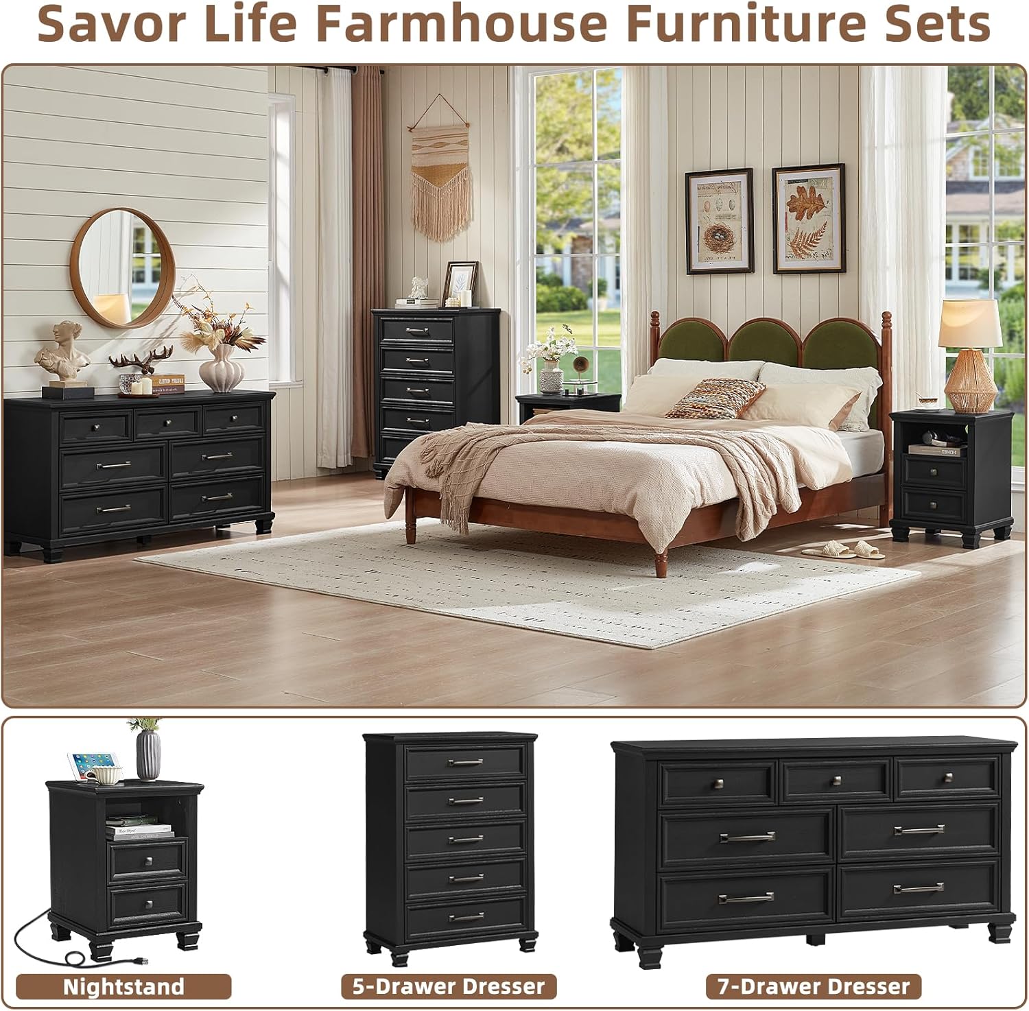 SAVOR LIFE Farmhouse Bedroom Dresser and Nightstand Set 4, 5/7 Drawer Dresser & 2 Drawer Nightstand Set, Rustic Wood Bedroom Furniture Set for Home, Hallway, Black