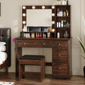 Vabches 42" W Walnut Makeup Vanity Desk with Mirror and Lights and Charging Station, Dark Brown Wood Vanity with Open Storage and Drawers and Stool Chair, Dressing Table Make Up Desk for Bedroom
