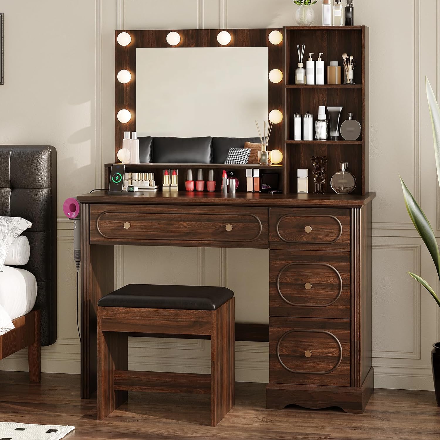 Vabches 42" W Walnut Makeup Vanity Desk with Mirror and Lights and Charging Station, Dark Brown Wood Vanity with Open Storage and Drawers and Stool Chair, Dressing Table Make Up Desk for Bedroom