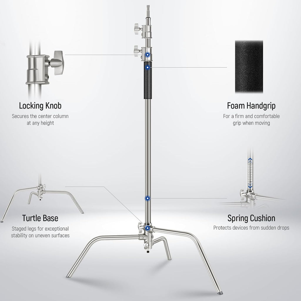 NEEWER Basics 100% Stainless Steel Heavy Duty C Stand with Boom Arm, Max 10.5ft/320cm Photography Light Stand, 4.2ft/128cm Holding, 2 Grip Heads for Studio Monolight Softbox Reflector, SC320 Lite
