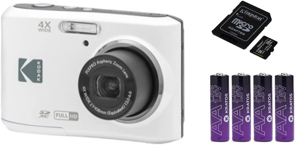 Kodak PIXPRO FZ45 Friendly Zoom Digital Camera (White) Bundle with 32GB SD Card and AA Batteries (4-Pack) (3 Items)