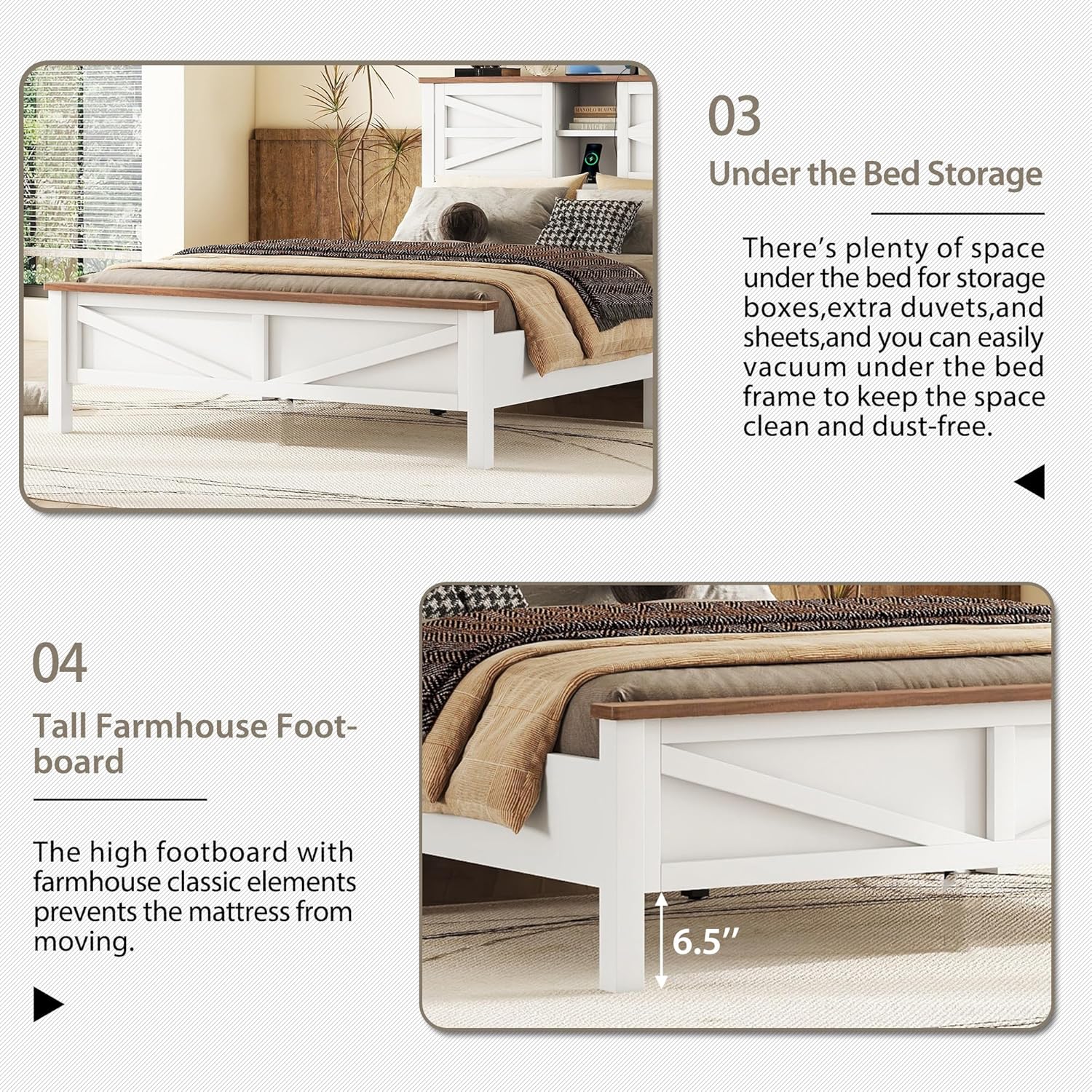 LUMISOL 3-Piece Full Size Bedroom Set, Rustic Wooden Platform Bed with Storage Headboard & Charging Stations, a Nightstand and Dresser, Full Size Farmhouse Bedroom Furniture Set, White