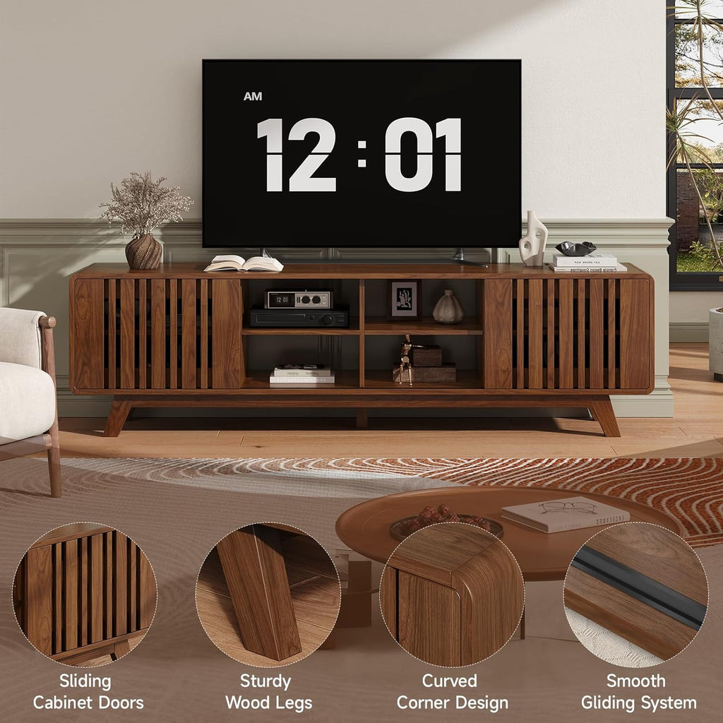 ONBRILL 70-Inch TV Stand for TVs up to 80 Inch, Mid-Century Modern Television Stand with Power Outlet . Entertainment Center with Sliding Grille Door Cabinets and Open Shelves for Living Room, Walnut