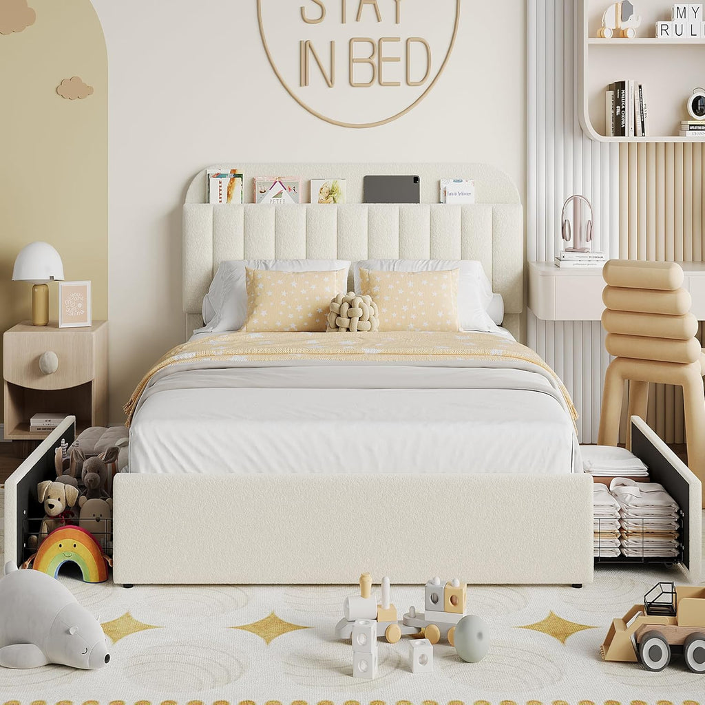 Garvee Full Size Bed Frame with 2 Flexible Drawers, Boucle Upholstered Platform Bed Frame with Bookcase Headboard, Bedframe for Kids/Girls, Easy Assembly, No Box Spring Needed, Noise Free, Beige