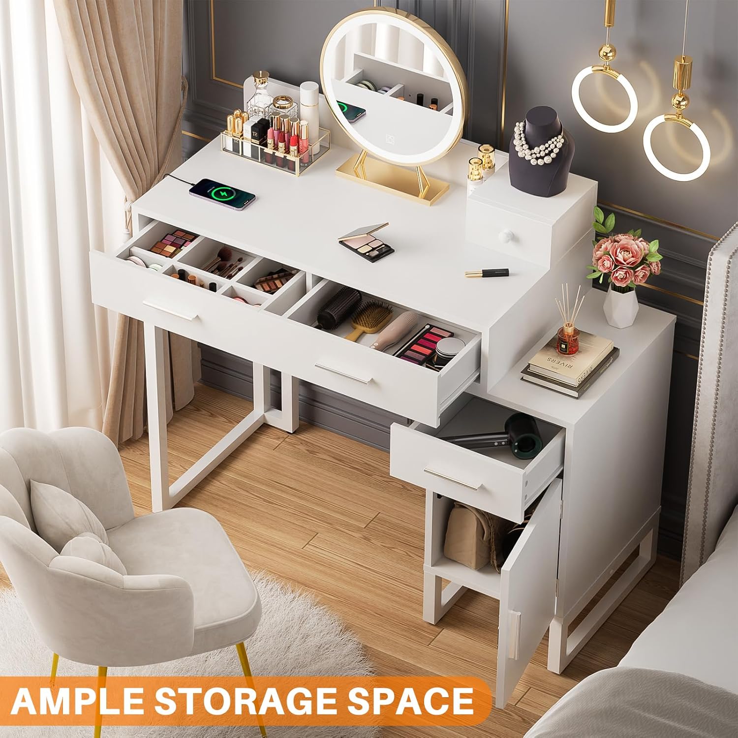 Vanity Desk with 4 Storage Drawers - Modern Makeup Vanity Table with Charging Station, White Vanity Desk with Reversible Cabinet Dressing Table Set with Divided Organizers for Women Girls, White
