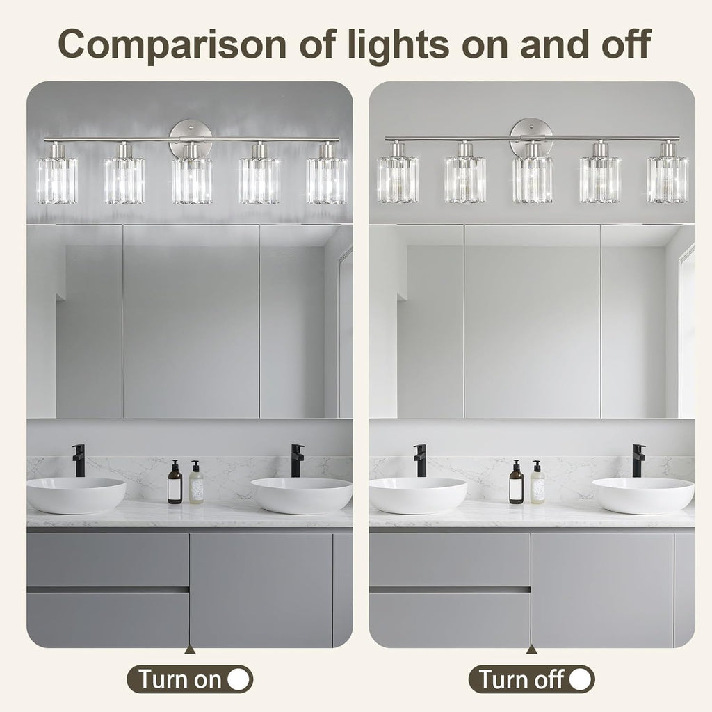 Crystal Bathroom Light Fixtures,Bathroom Lighting Fixtures Over Mirror, Modern 5-Light Brushed Nickel Vanity Lights for Mirror, Restroom,Kitchen(Ceramic E26 Socket,Bulbs Not Include)