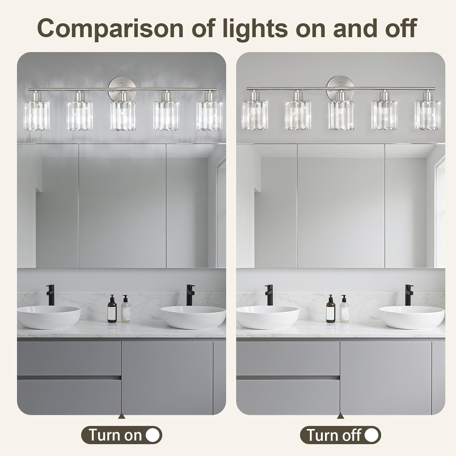 Crystal Bathroom Light Fixtures,Bathroom Lighting Fixtures Over Mirror, Modern 5-Light Brushed Nickel Vanity Lights for Mirror, Restroom,Kitchen(Ceramic E26 Socket,Bulbs Not Include)