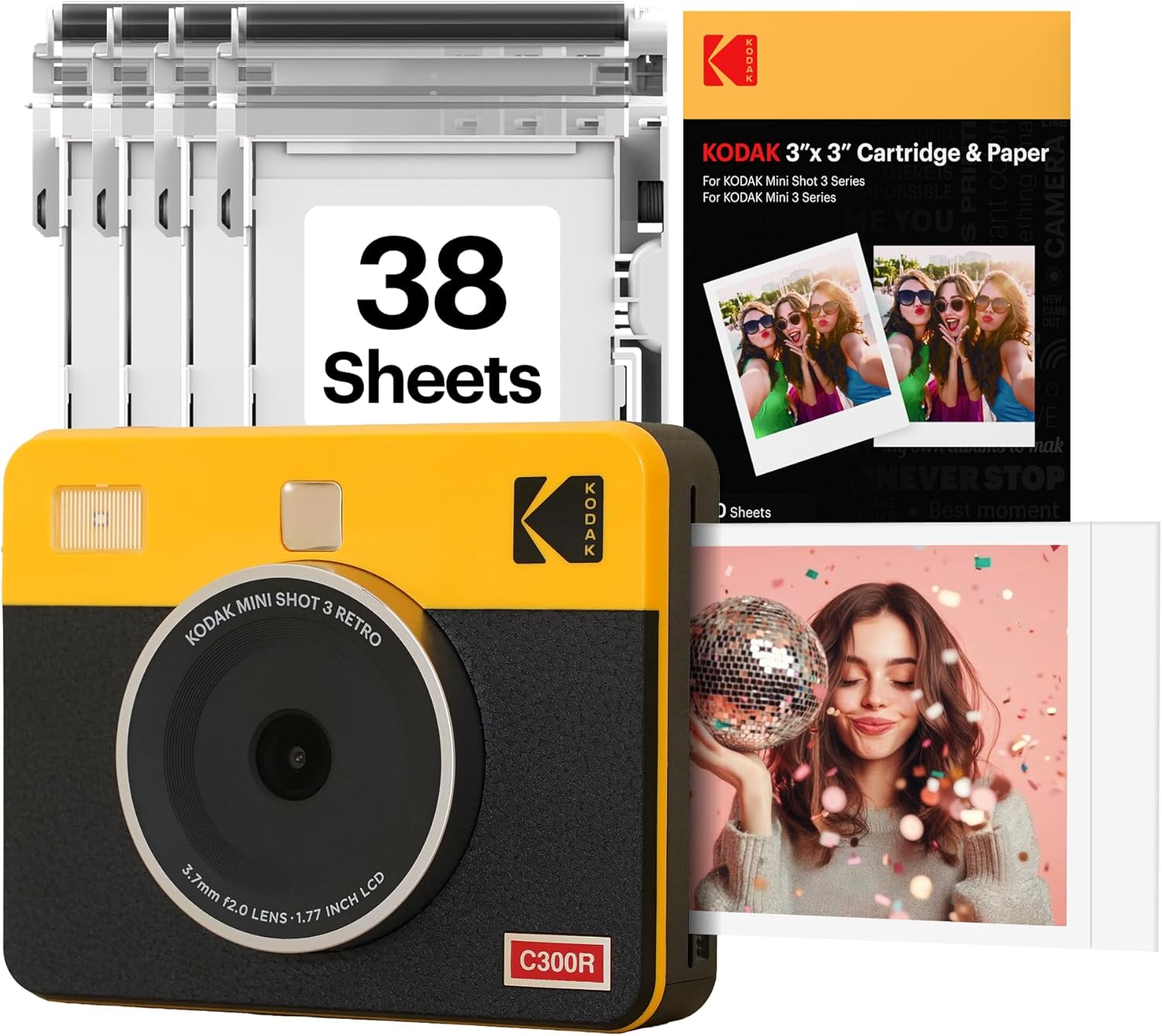 KODAK Mini Shot 3 Retro 3x3” Instant Digital Camera & Photo Printer, 38 Sheets, 2-in-1 Portable Print Camera, Bluetooth Smartphone Printer for iOS & Android, 4PASS Dye Sublimation, Yellow