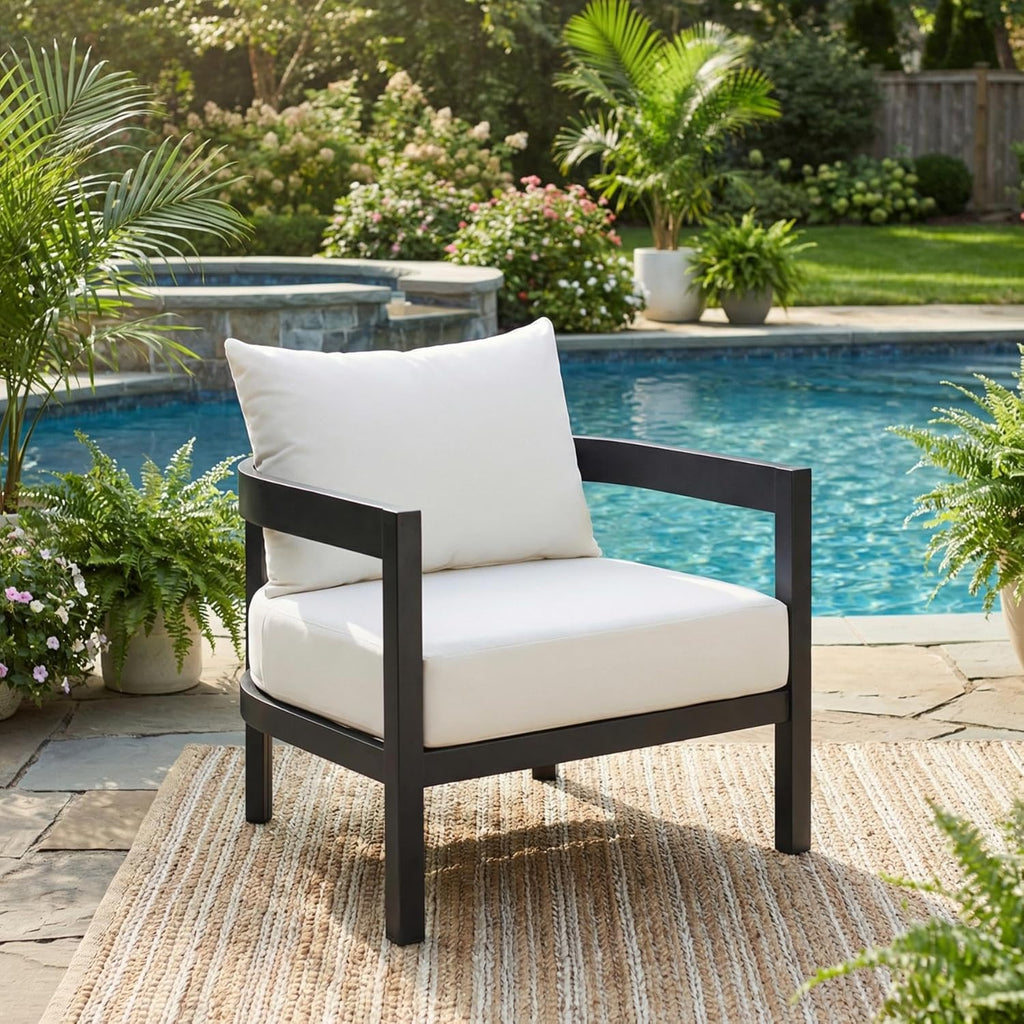 Merax 27.6" Outdoor Curved Patio Accent Chair with All-Weather Coushions, Aluminum Frame Single Lounge for Chair Porch, Lawn, Backyard, Balcony,Black