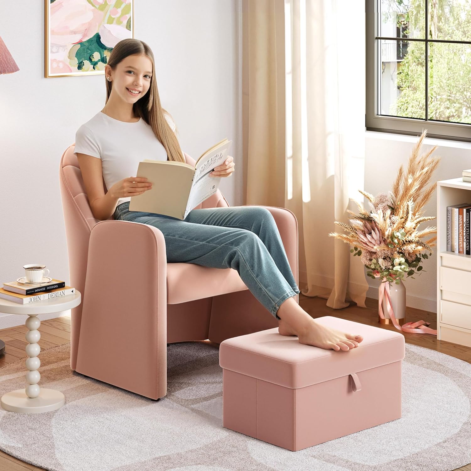 Yaheetech Small Barrel Accent Chair with Footrest Set of 2, Velvet Modern Comfy Cute Elegant Reading Chairs with Lumbar Pillow Storage Box for Living Room Bedroom, Pink Set of 2