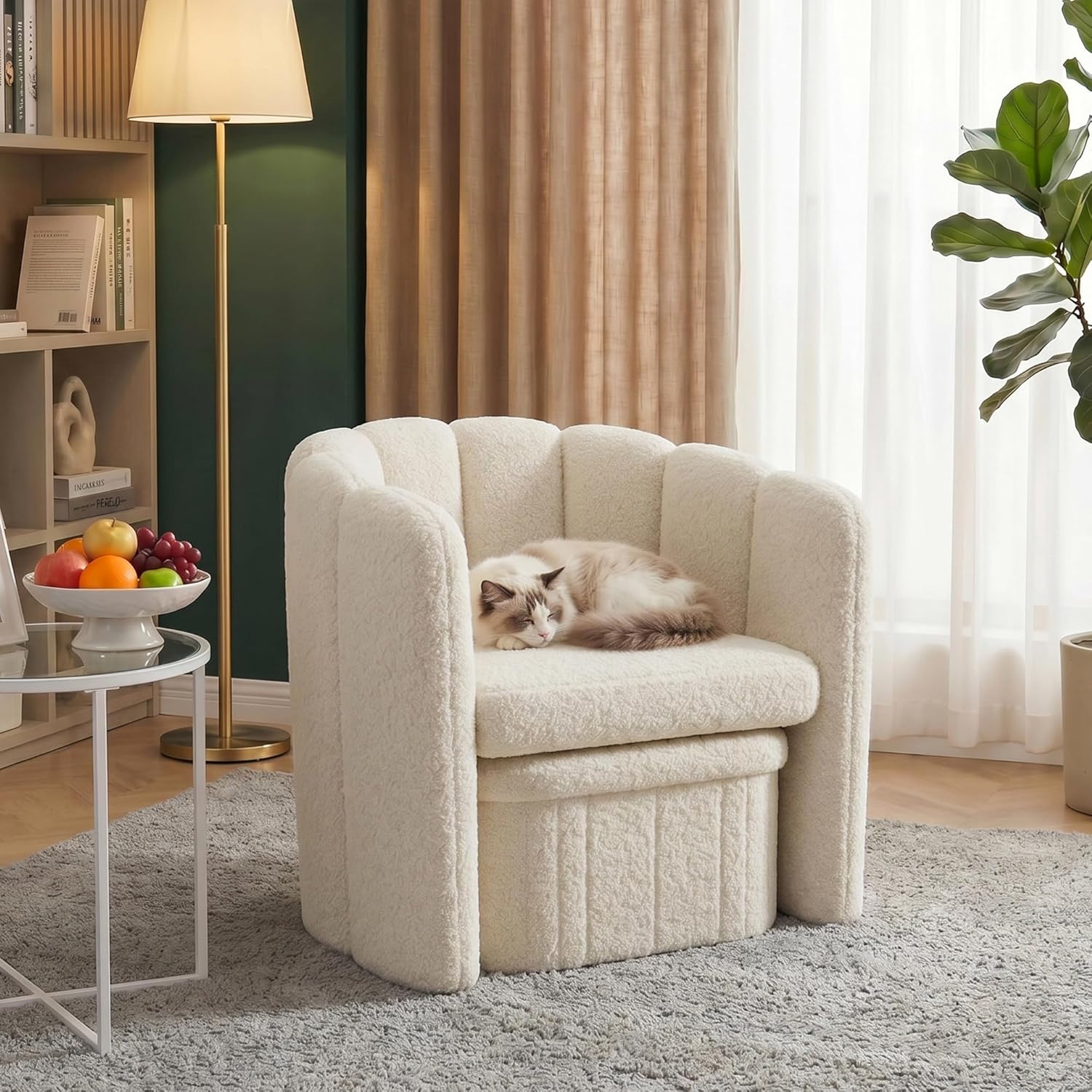 Homkdom Barrel Accent Chair with Storage Ottoman, Teddy Fleece Shell Back with Lumbar Support, Spring Foam Seat, 300 lbs, for Bedroom Reading Corner, Creamy White