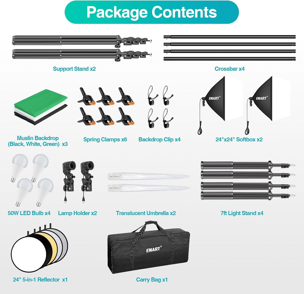 EMART 8.5 x 10 ft Backdrop Support System, Professional Photography Lighting Kit with 5500K 50W LED, 6 * 9ft Backdrop *3, Reflector,Umbrellas&Softbox Lighting Kit for Studio, Portrait, Video Shooting