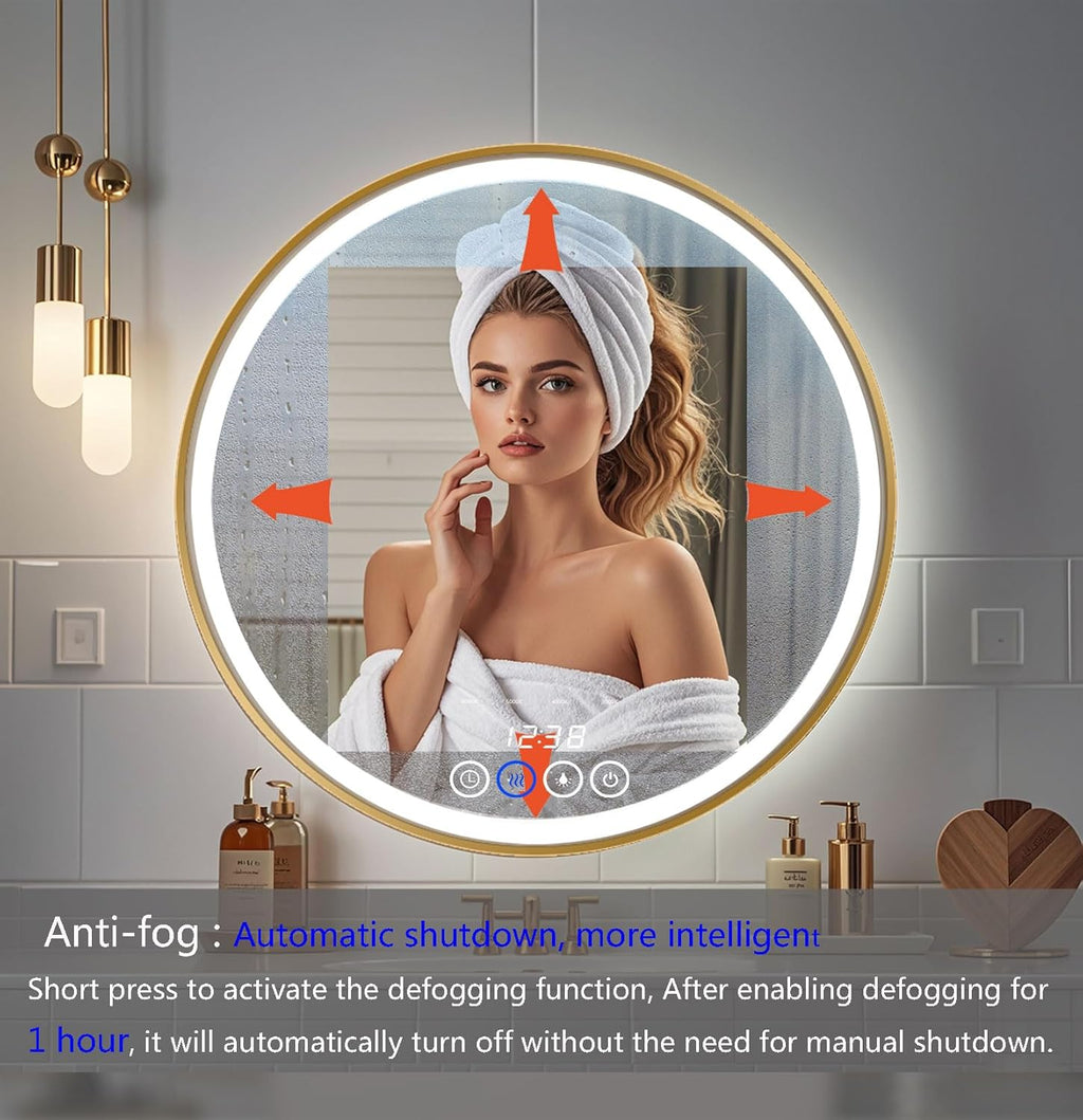 Round LED Bathroom Mirror with Lights, 28x28 Inch Gold Wall Mounted Frame Lighted Vanity Mirrors