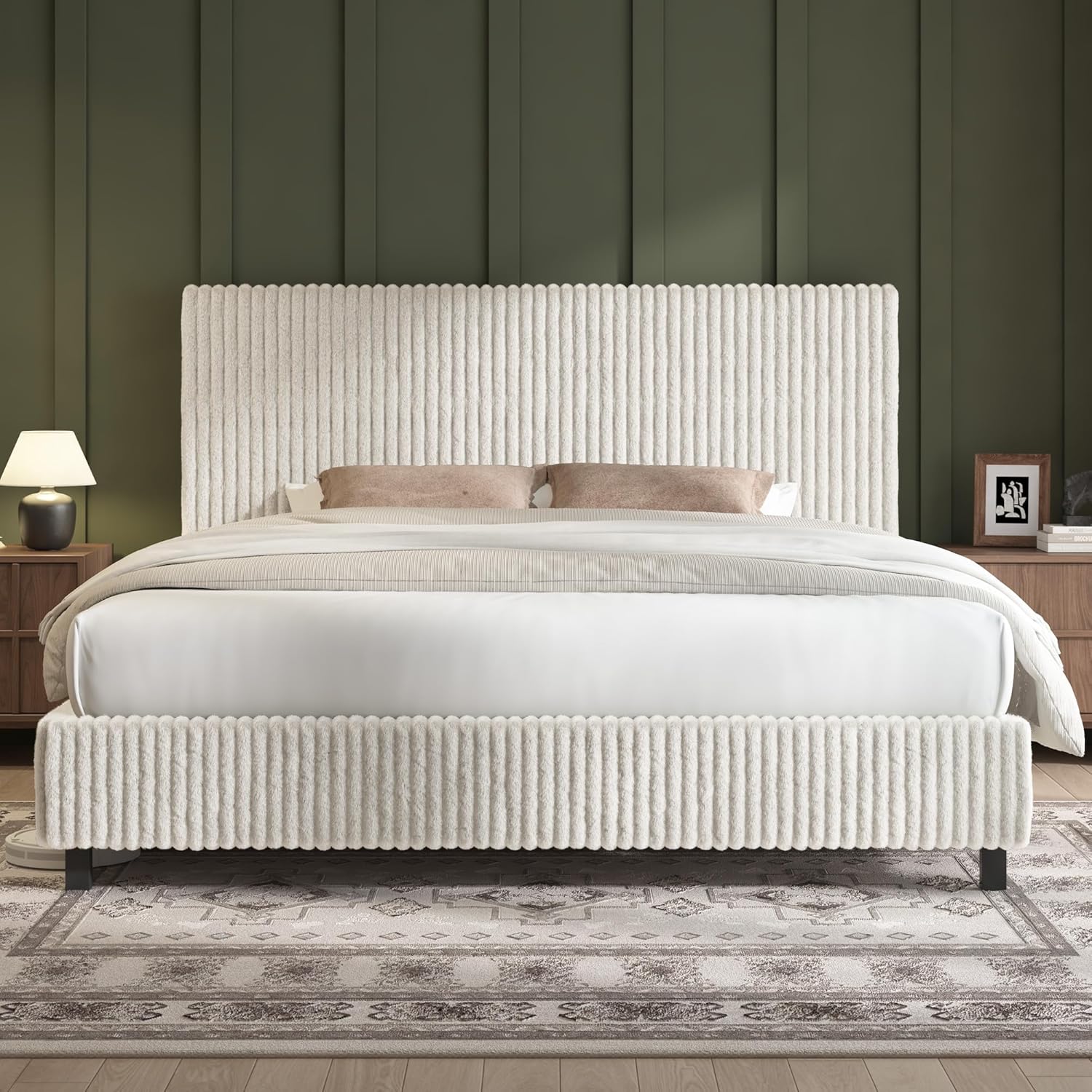 AMERLIFE King Bed Frame, Upholstered Metal Platform Bed with Vertical Channel Tufted Headboard, Soft Fabric & Strong Metal Slats, Noise-Free/Easy Assembly, White King Upholstered Bed and Headboard