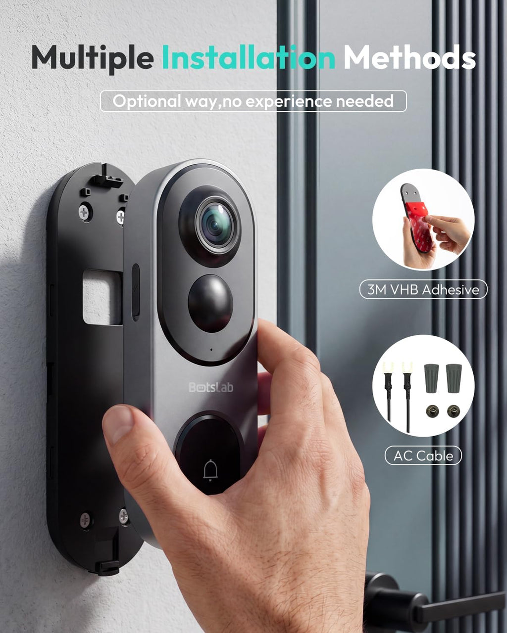 BOTSLAB 5MP Wireless Video Doorbell Camera,180° Head-to-Toe View, AI Motion Detection, VR Mode, Battery or Wired Powered, Easy Installation, Weatherproof, No Monthly Fee, 2.4GHz WiFi