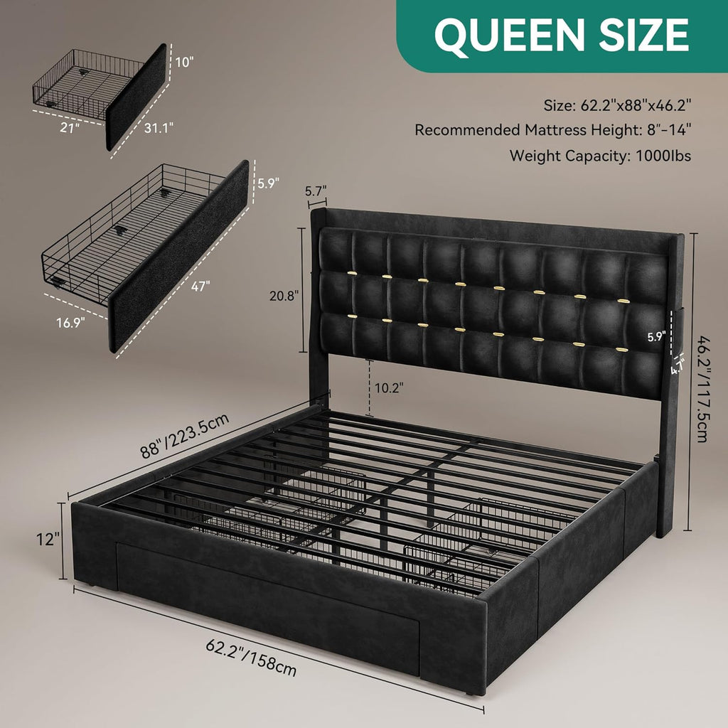 DWVO Queen Size Bed Frame with 3 Storage Drawers and RGB LED Lights, Velvet Upholstered Bed with Charging Station and Storage Headboard, No Box Spring Needed, Easy Assembly, Noise-Free, Black