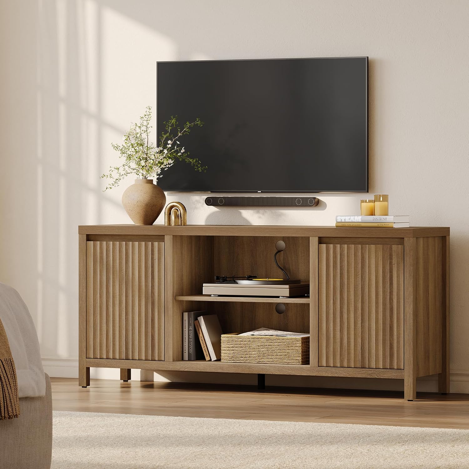 SICOTAS Fluted TV Stand for 55 65 inch TV - Large TV Consoles for Living Room Bedroom, Mid Century Modern Entertainment Center with Storage Cabinet, Wooden Television Stands Media Console, Caramel Oak