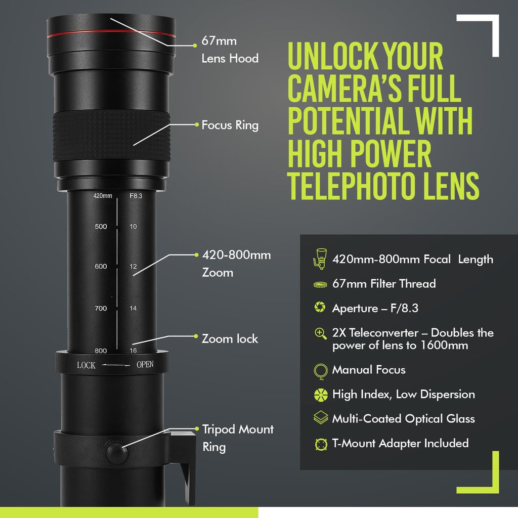 High-Power 420-1600mm f/8.3 HD Manual Telephoto Zoom Lens for Canon EOS 70D, 80D, 90D, Rebel T3, T3i, T5, T5i, T6i, T6s, T7, T7I, T8I, SL3, EOS 5D, EOS5D IV, 6D II, 7D II SLR Cameras