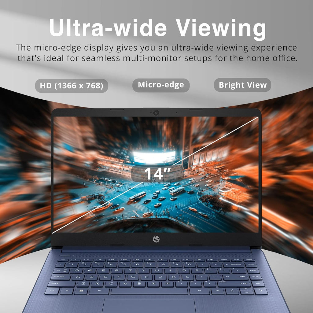 HP 14" HD Laptop, Windows 11, Intel Celeron Dual-Core Processor Up to 2.60GHz, 4GB RAM, 64GB SSD, Webcam, Dale Blue (Renewed)
