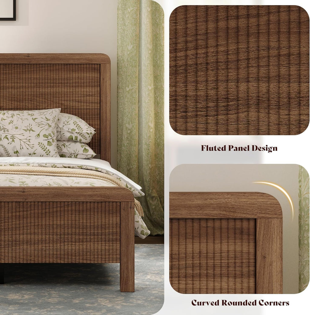 AMERLIFE Wood Queen Size Bed Frame with Headboard & Footboard, Modern Fluted Wooden Platform Bedframe with Rounded Safety Edges, Wood Slat Support, No Box Spring Needed, Easy Assembly, Walnut
