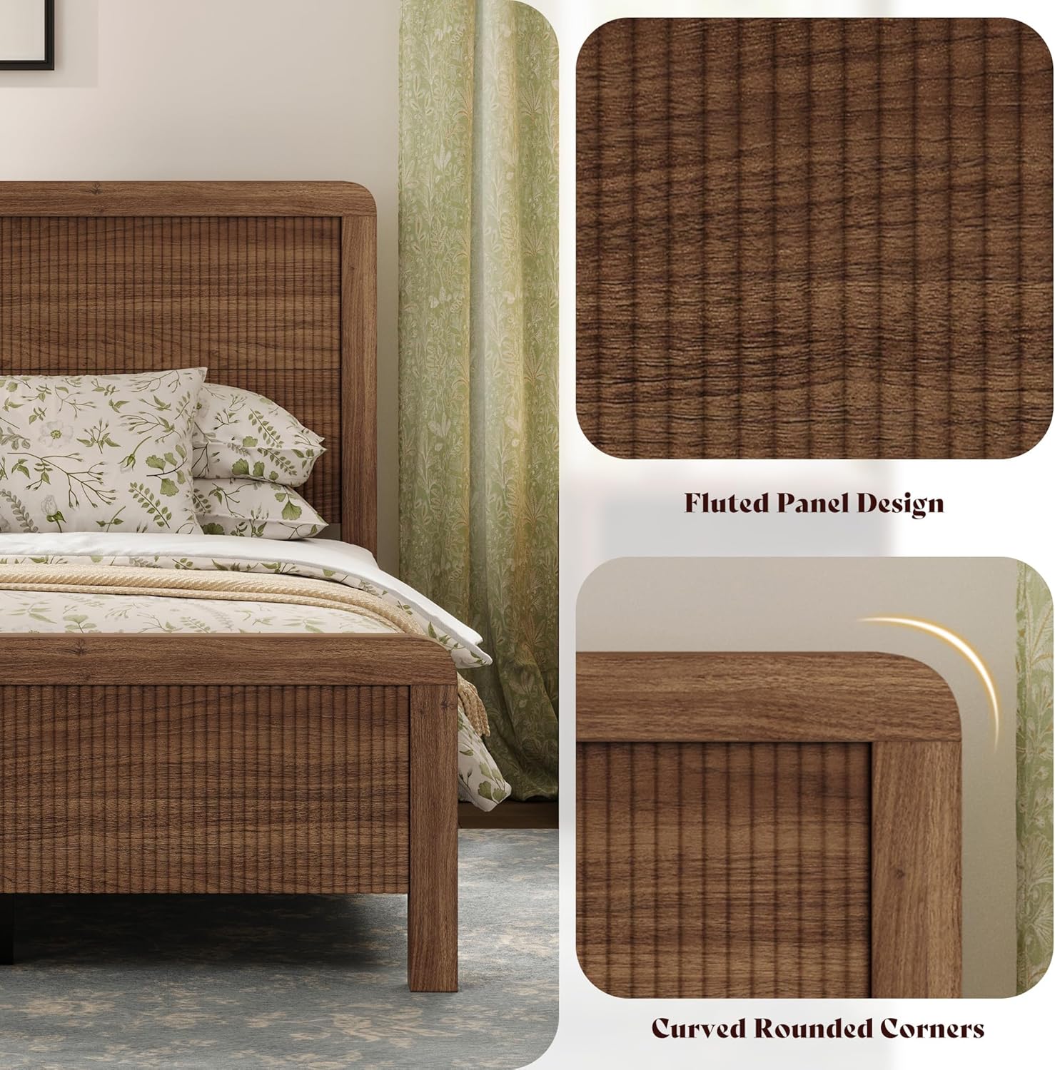AMERLIFE Wood Queen Size Bed Frame with Headboard & Footboard, Modern Fluted Wooden Platform Bedframe with Rounded Safety Edges, Wood Slat Support, No Box Spring Needed, Easy Assembly, Walnut