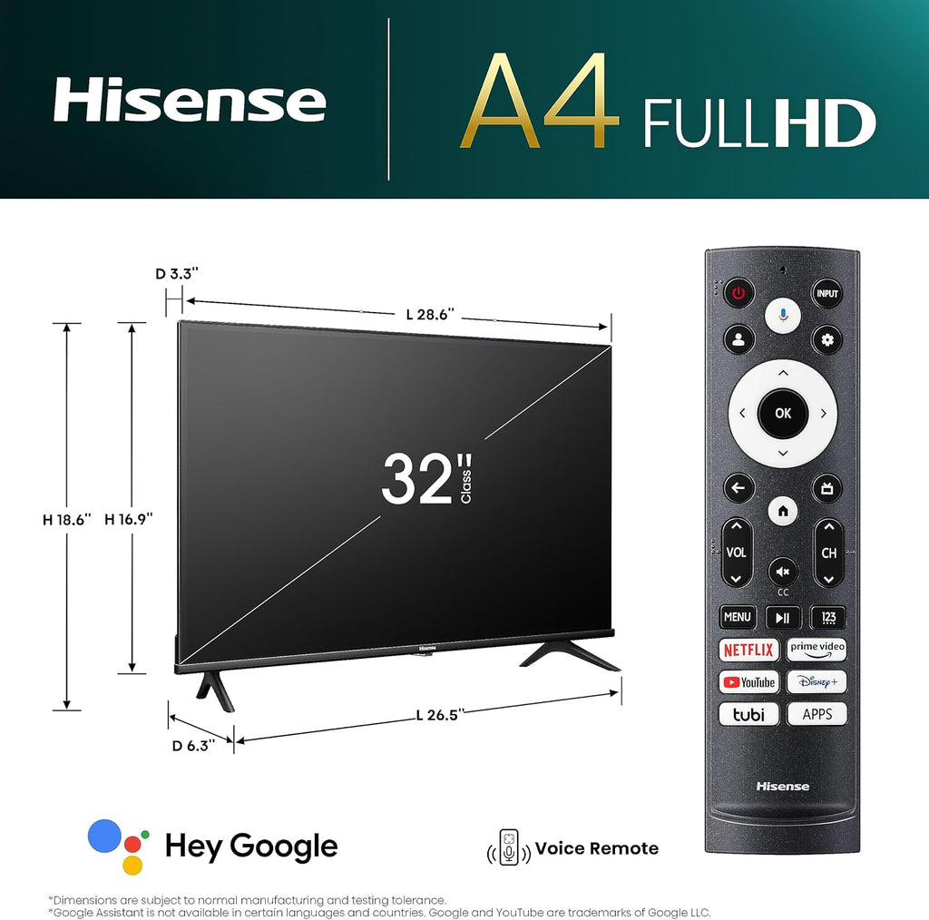 Hisense 32-Inch Class A4 Series FHD 1080p Google Smart TV (32A4K) - DTS Virtual: X, Game & Sports Modes, Chromecast Built-in, Alexa Compatibility