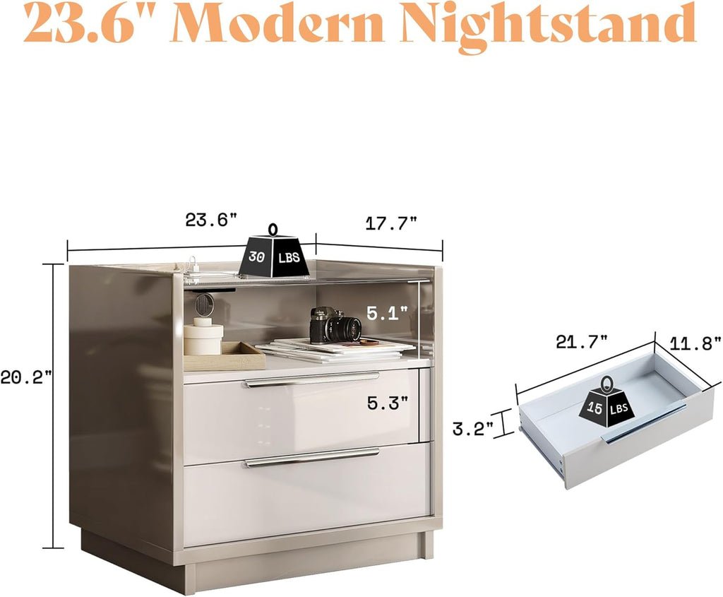 AMERLIFE High Gloss Dresser Set, 3 Piece Bedroom Furniture Set, 8 Drawer Dresser with LED Light & 2 Nightstands with Charging Station, Modern UV Finish, Bedroom Storage Organizer, Cream & Grey